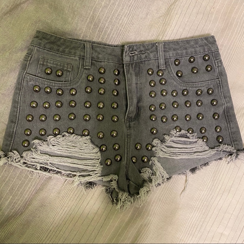 Grey Studded Jean Shorts